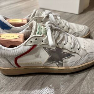Golden Goose Ball Star White Sneakers with Silver and Red Accents